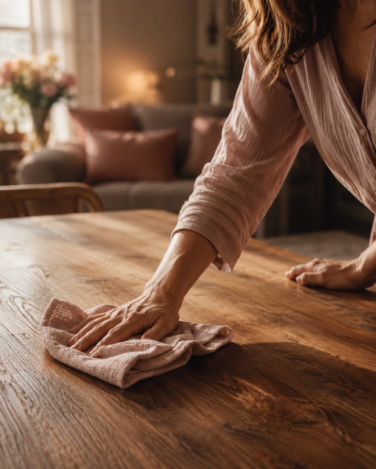 A HelpingHands@Home domestic helper wiping down a table in a warm, tidy home